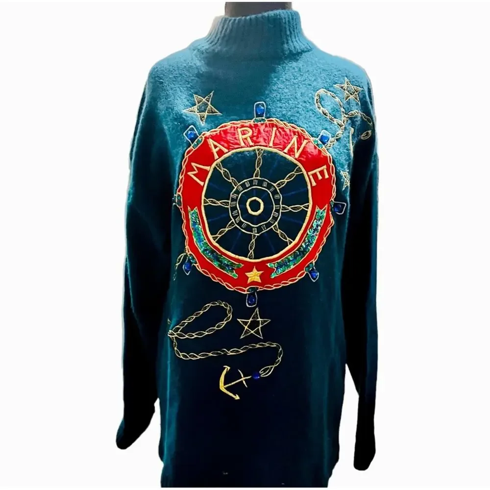 Vtg 80s Preppy Lambswool Angora Nautical Maritime Sweater Womens Size M Cozy
